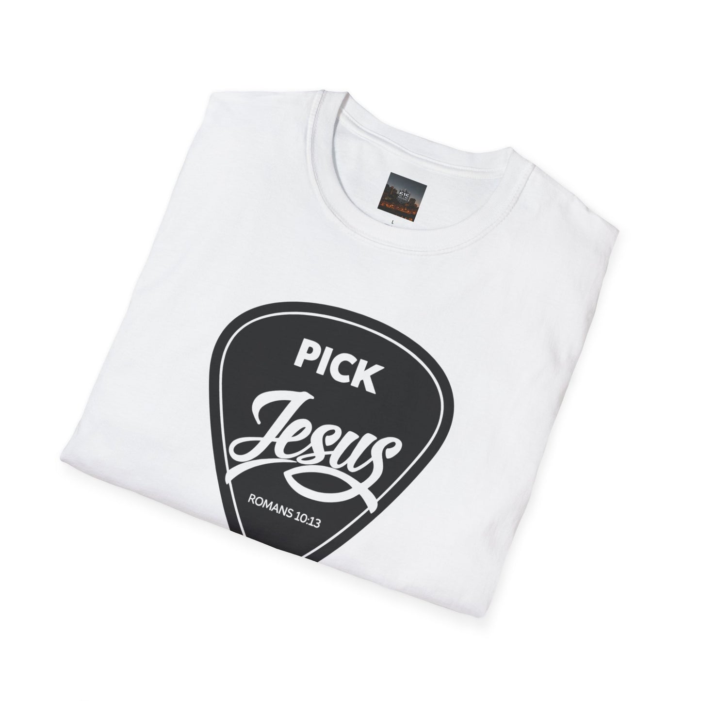 Pick Jesus T-Shirt — Christian Guitar Pick Design (Romans 10:13)