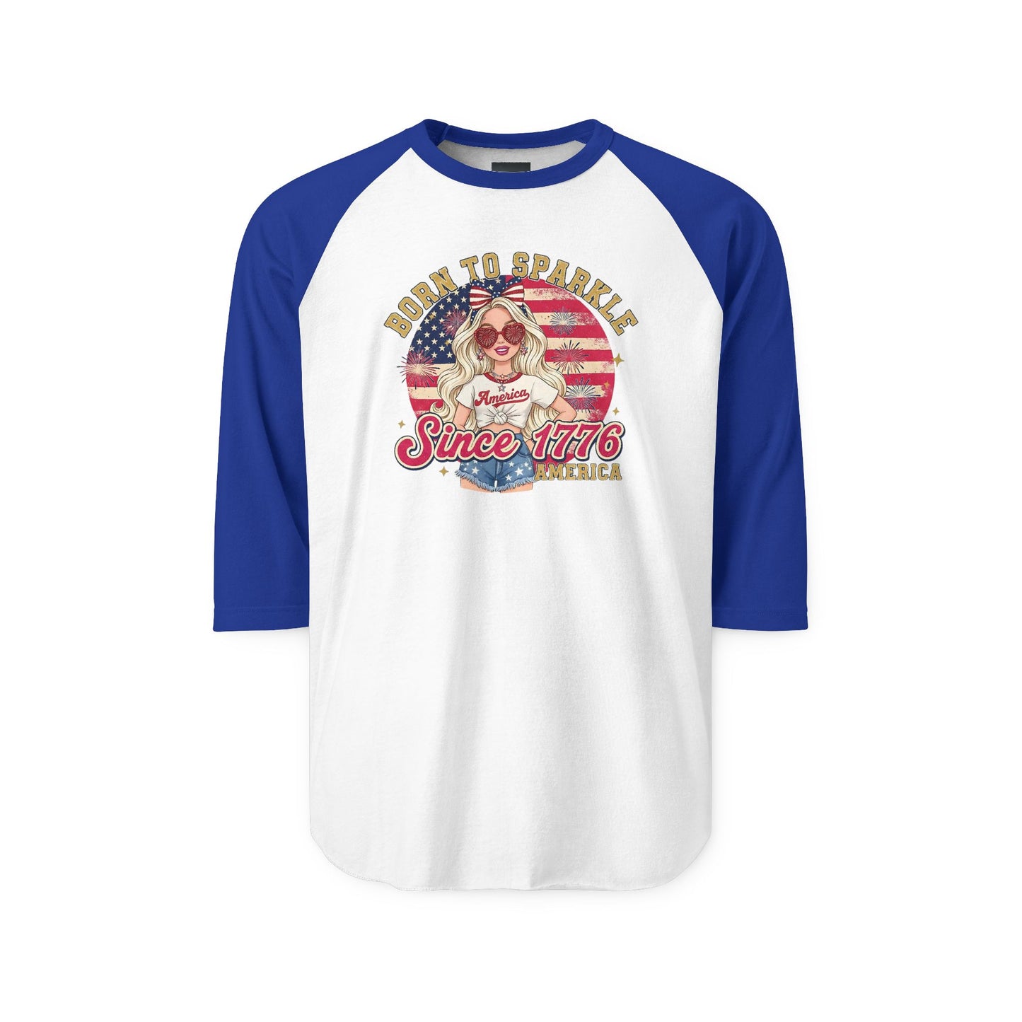 #250 "Born to Sparkle Since 1776" Patriotic Raglan 3/4 Sleeve Baseball Tee