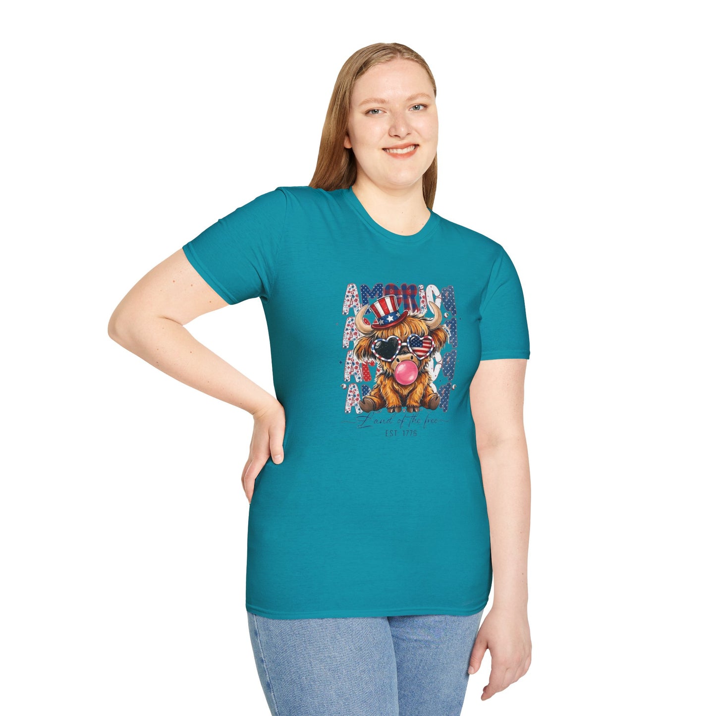 #250 American Flag Bubblegum Patriotic Highland Cow T-Shirt