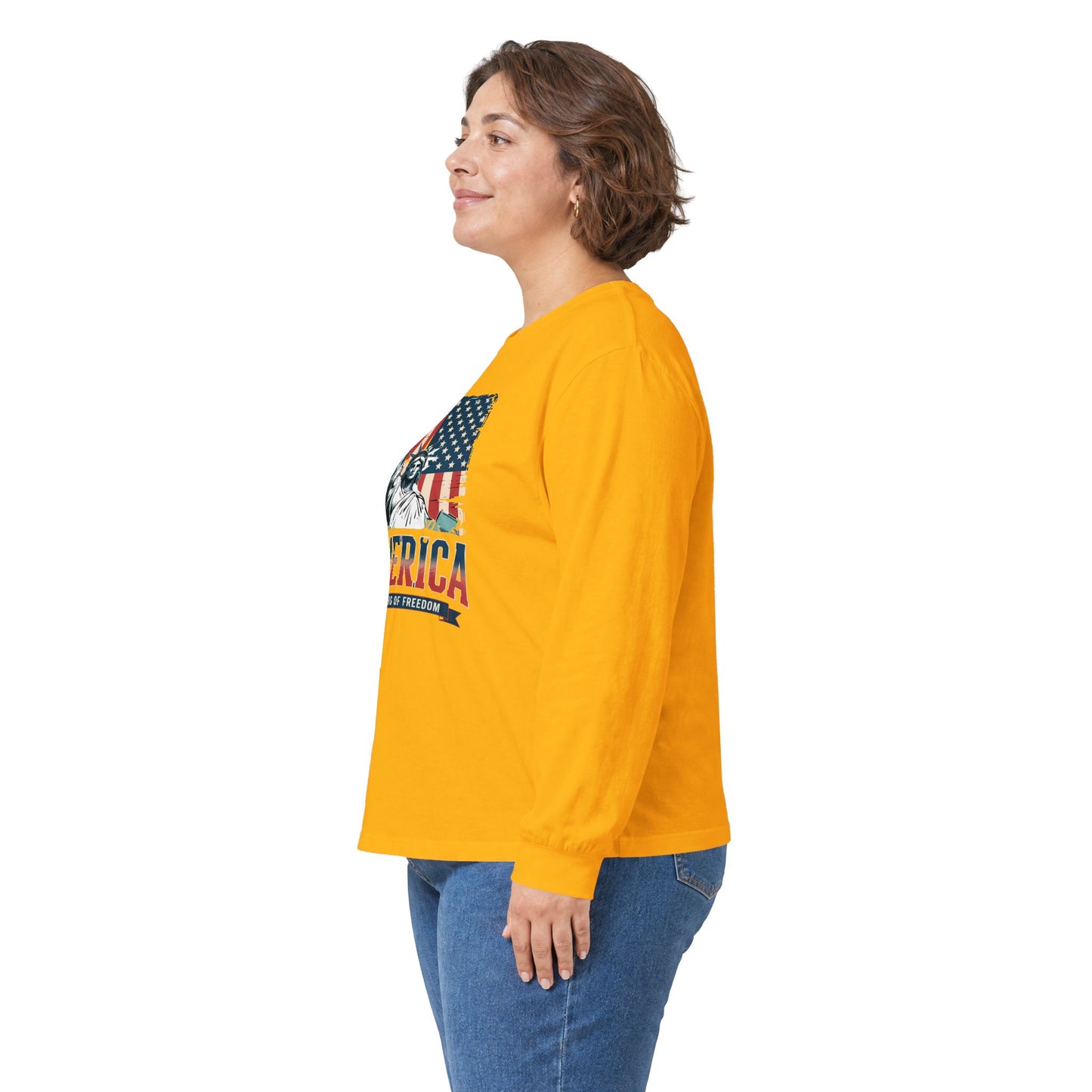 #250 Statue of Liberty American Flag 'America' Patriotic Independence Day Long Sleeve Tee
