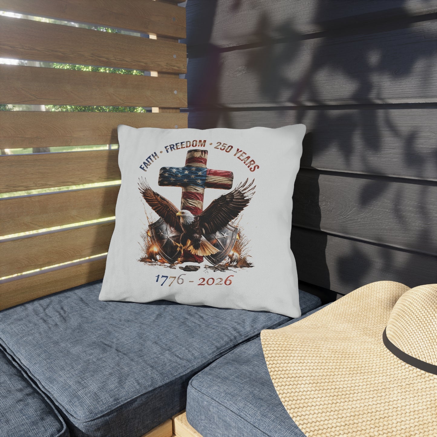 #250 Faith • Freedom 250 Years American Flag Cross & Eagle 1776-2026 Outdoor Throw Pillow
