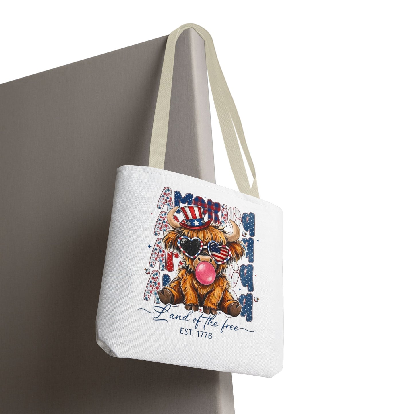 #250 American Flag Bubblegum Patriotic Highland Cow Tote Bag