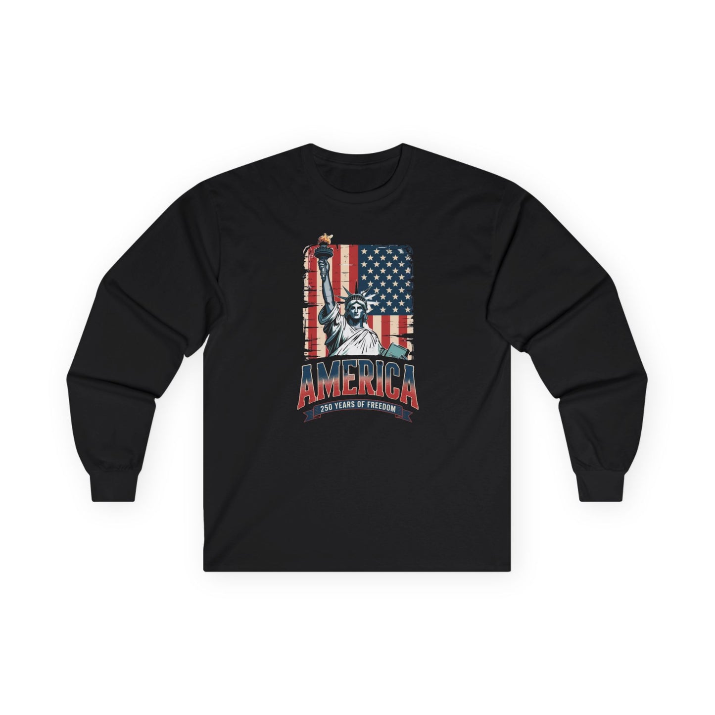 #250 Statue of Liberty American Flag 'America' Patriotic Independence Day Long Sleeve Tee