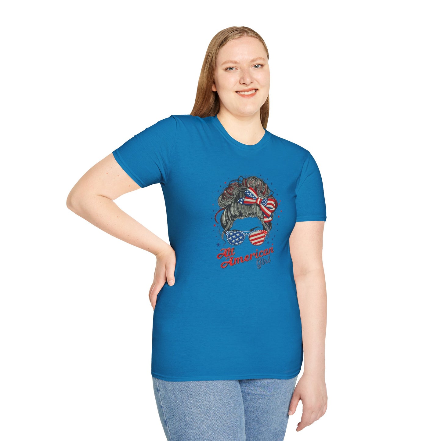 #250 "All American Girl" Patriotic Messy Bun T-Shirt