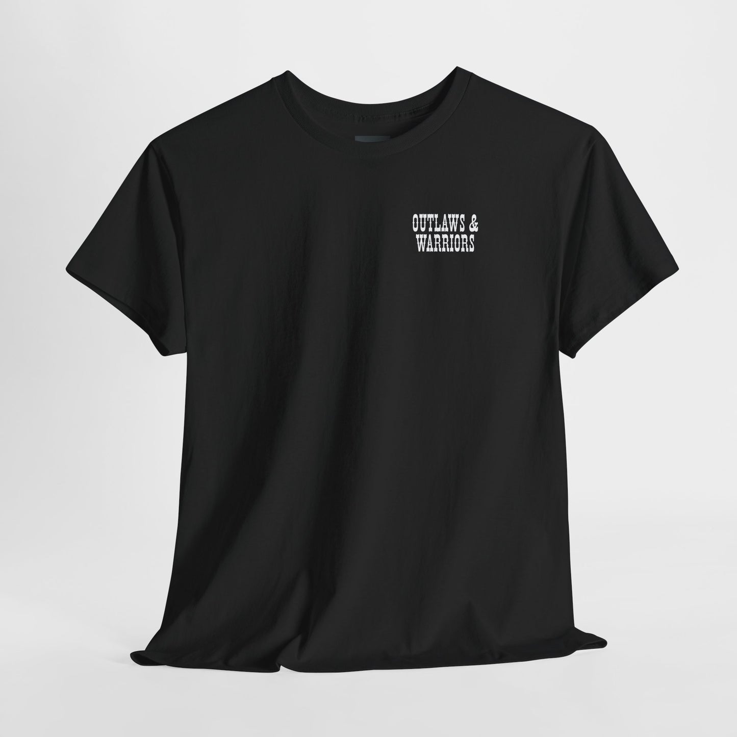 Outlaws & Warriors 100% Cotton T-Shirt — Minimal Chest Logo with Graphic On Back