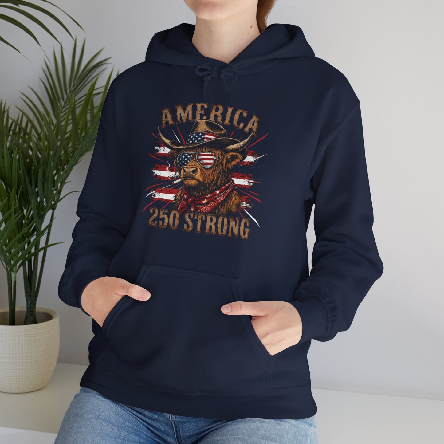 #250 America 250 Strong Patriotic Bull with American Flag Hoodie