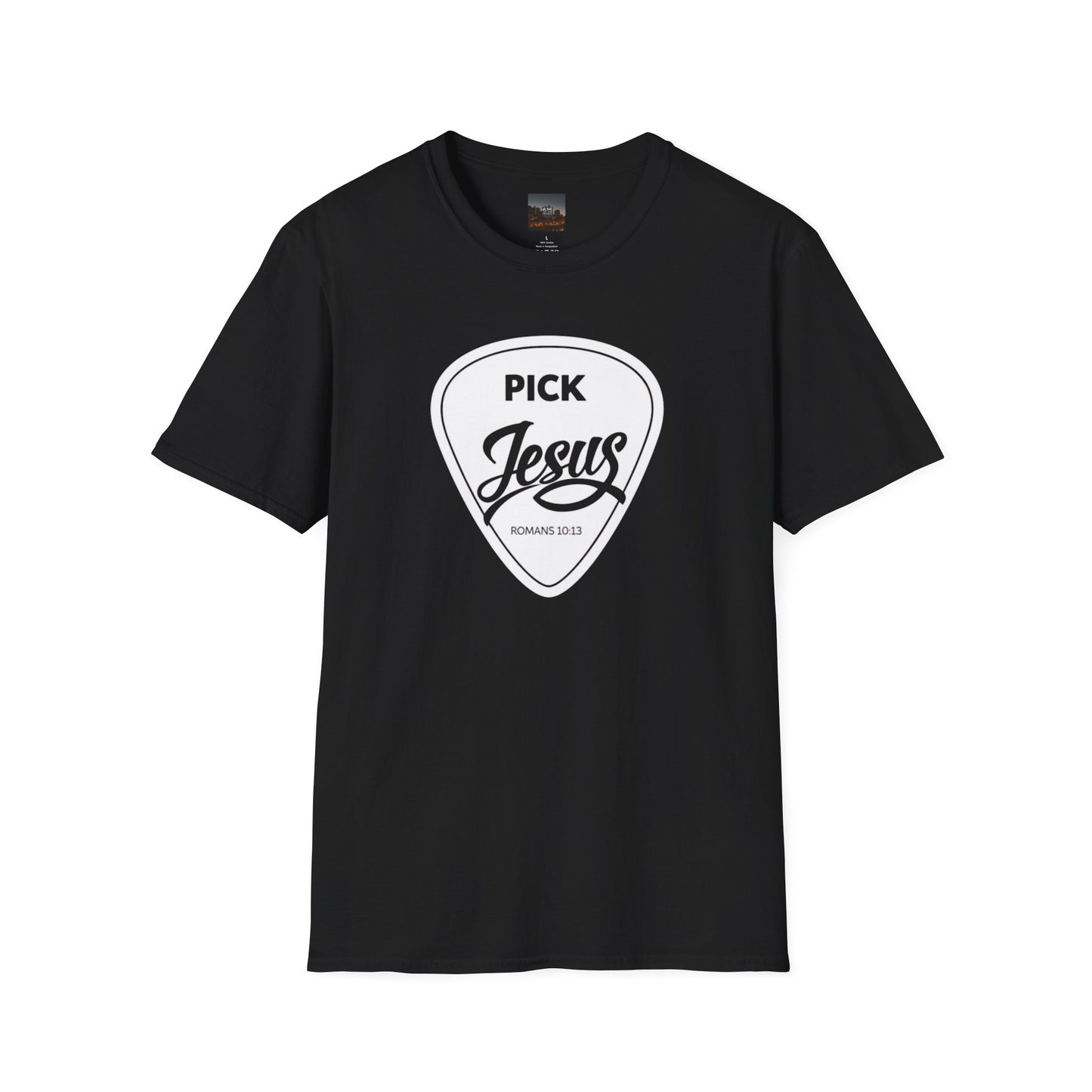 Pick Jesus T-Shirt — Christian Guitar Pick Design (Romans 10:13)