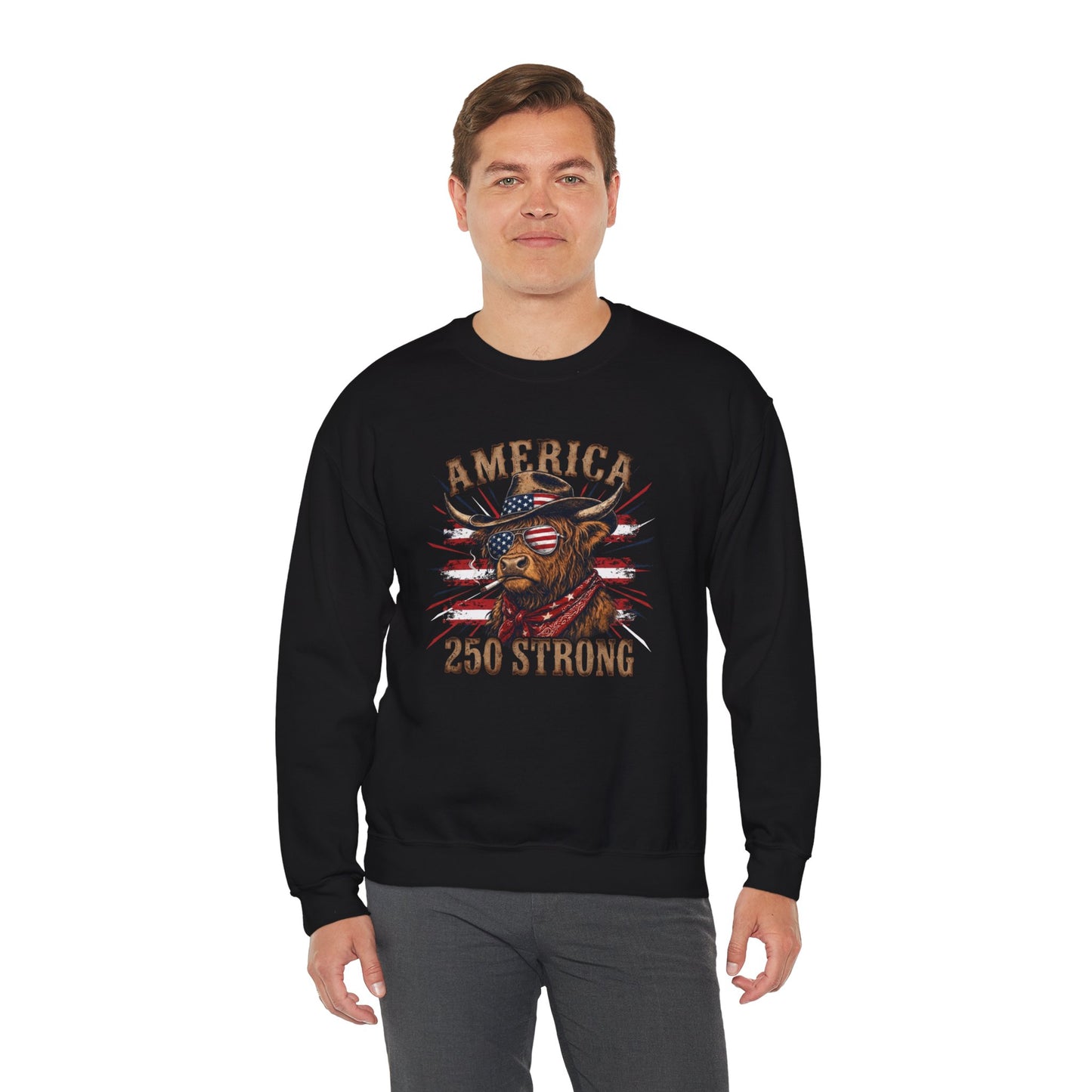#250 America 250 Strong Patriotic Bull with American Flag Sweatshirt