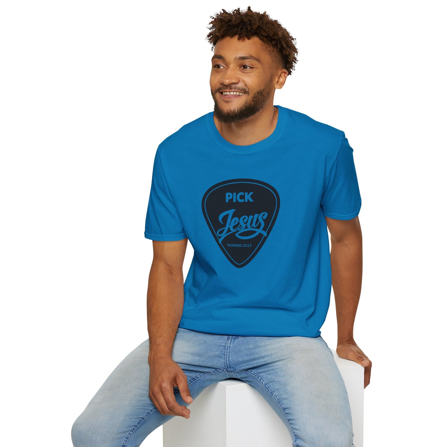 Pick Jesus T-Shirt — Christian Guitar Pick Design (Romans 10:13)