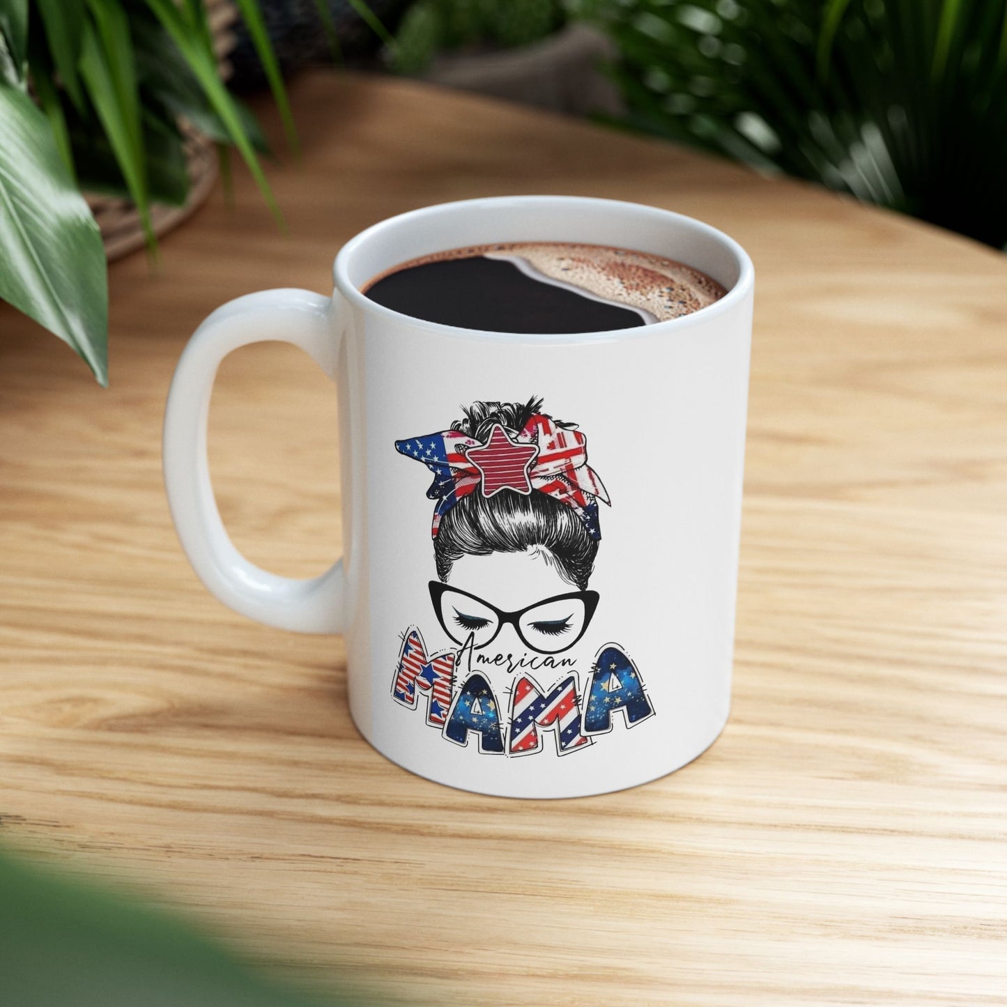 #250 Mama USA Flag Messy Bun Ceramic Mug - 11oz & 15oz