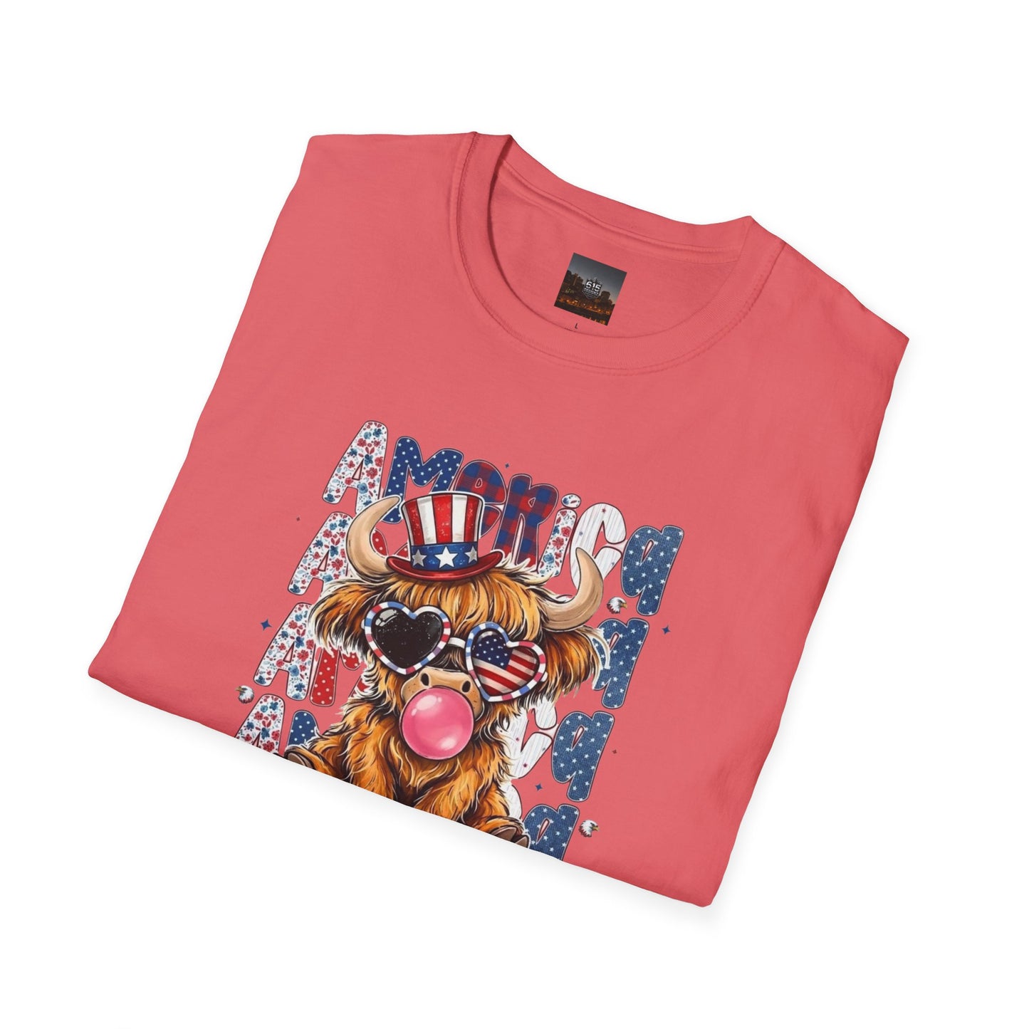 #250 American Flag Bubblegum Patriotic Highland Cow T-Shirt