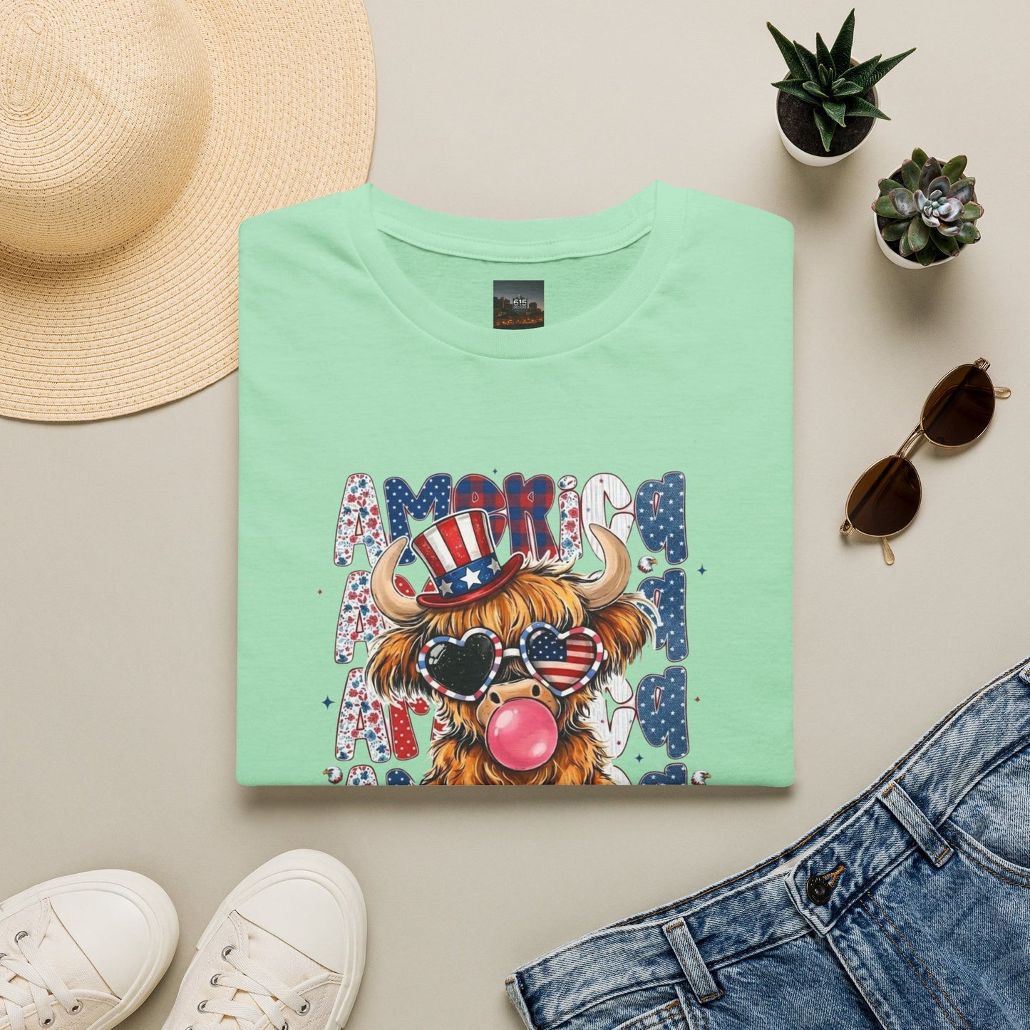 #250 American Flag Bubblegum Patriotic Highland Cow T-Shirt
