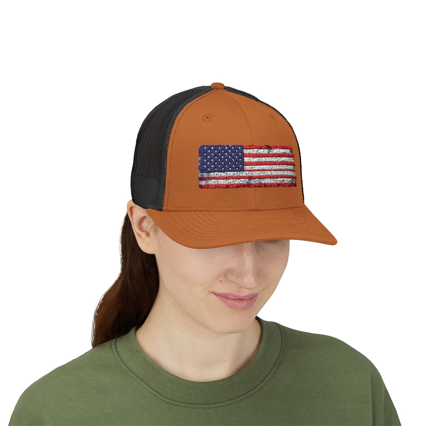 #250 Distressed American Flag Snapback Trucker Cap