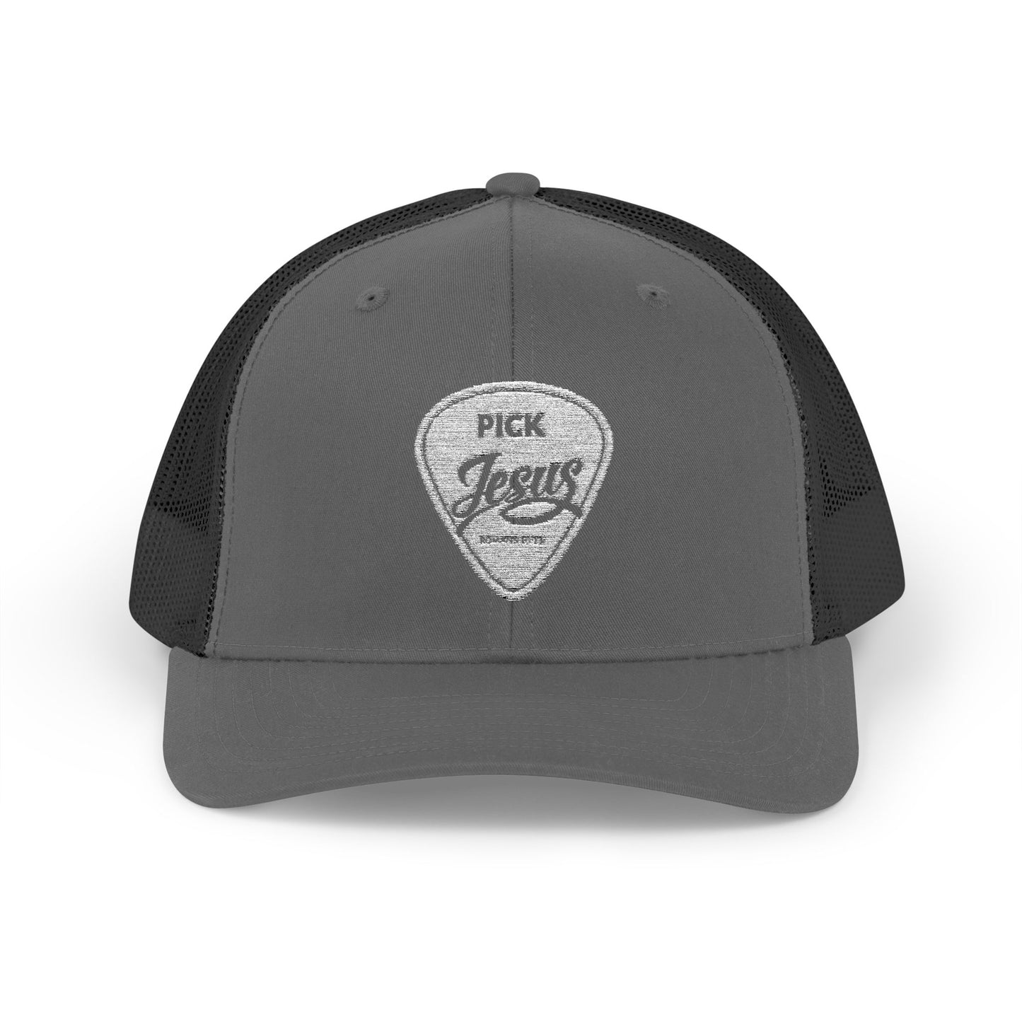Pick Jesus Guitar Pick Snapback Trucker Cap Christian Guitar Pick Design (Romans 10:13)