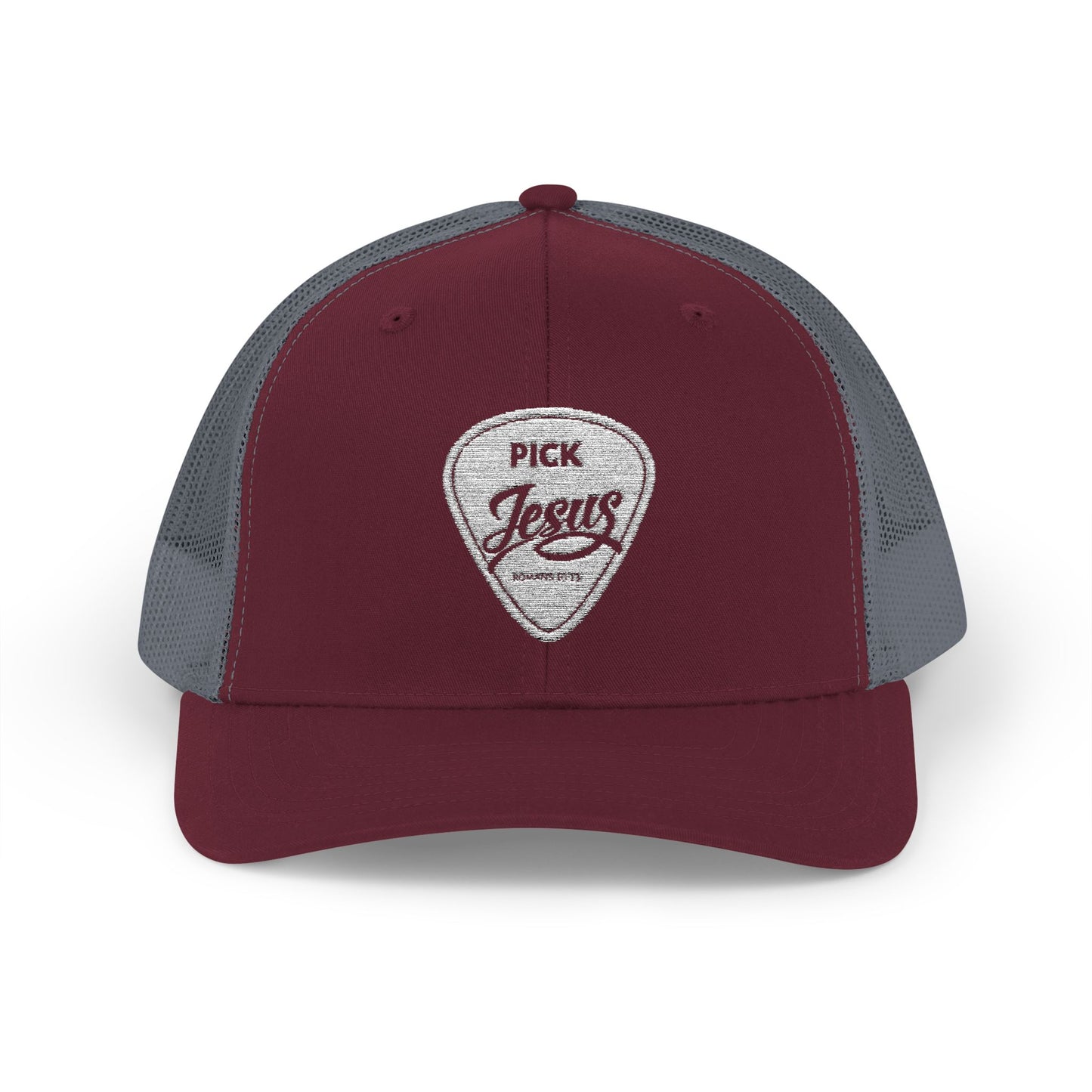 Pick Jesus Guitar Pick Snapback Trucker Cap Christian Guitar Pick Design (Romans 10:13)