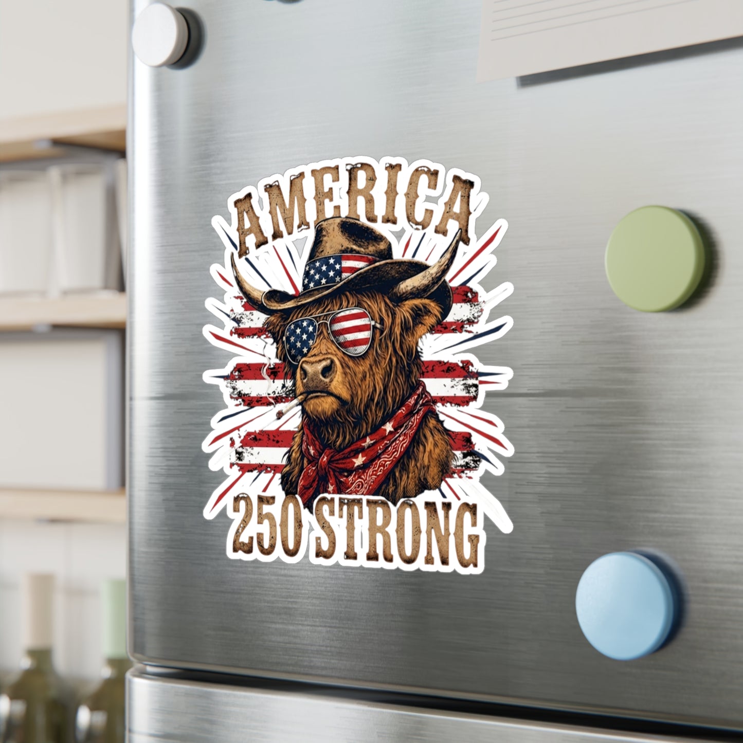 #250 America 250 Strong Patriotic Bull with American Flag Vinyl Sticker Kiss-Cut Decal (Fourth of July)