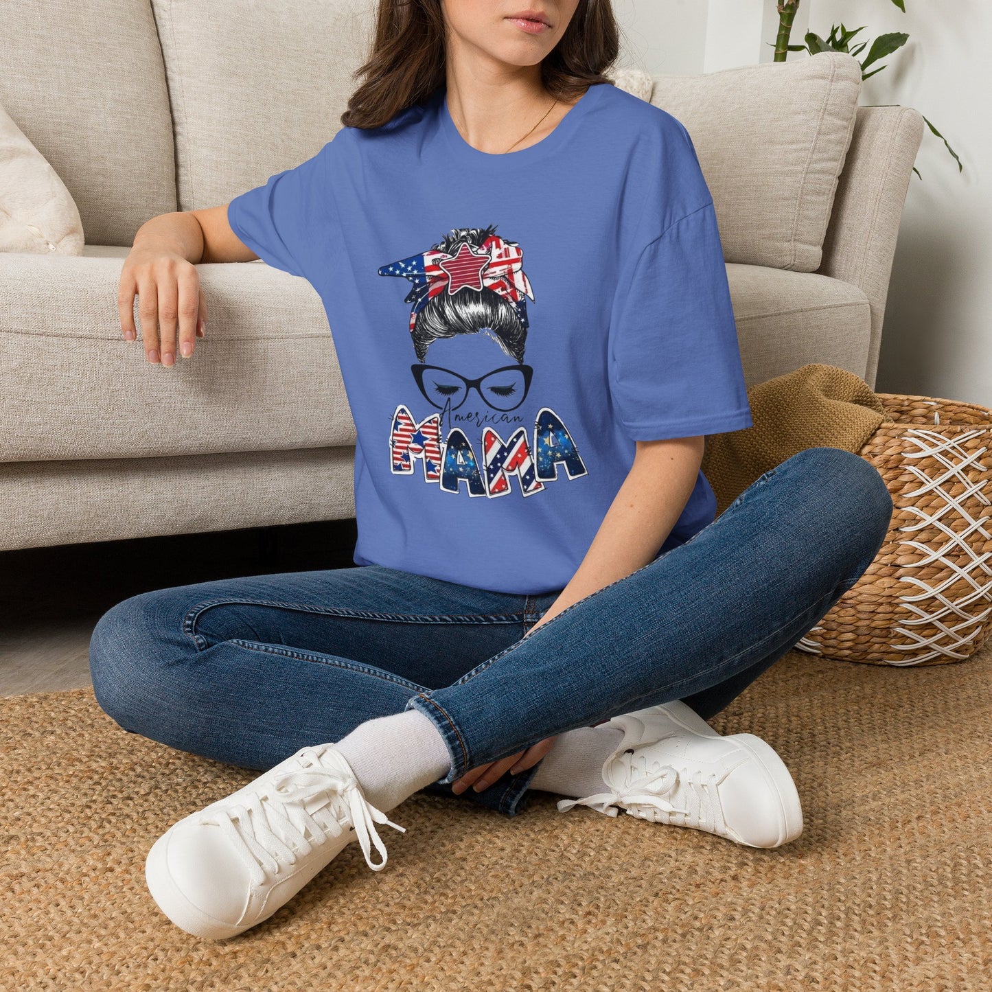 Mama USA Flag Messy Bun T-Shirt
