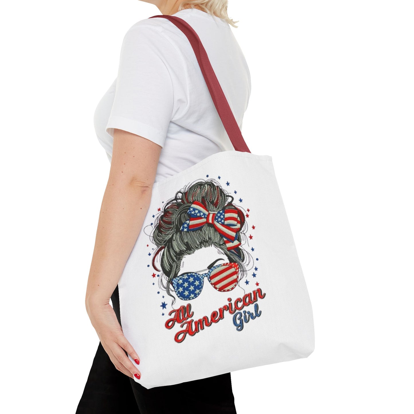 #250 "All American Girl" Patriotic Messy Bun Tote Bag