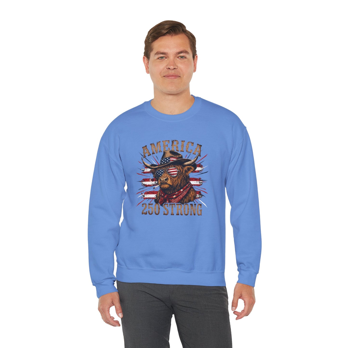 #250 America 250 Strong Patriotic Bull with American Flag Sweatshirt