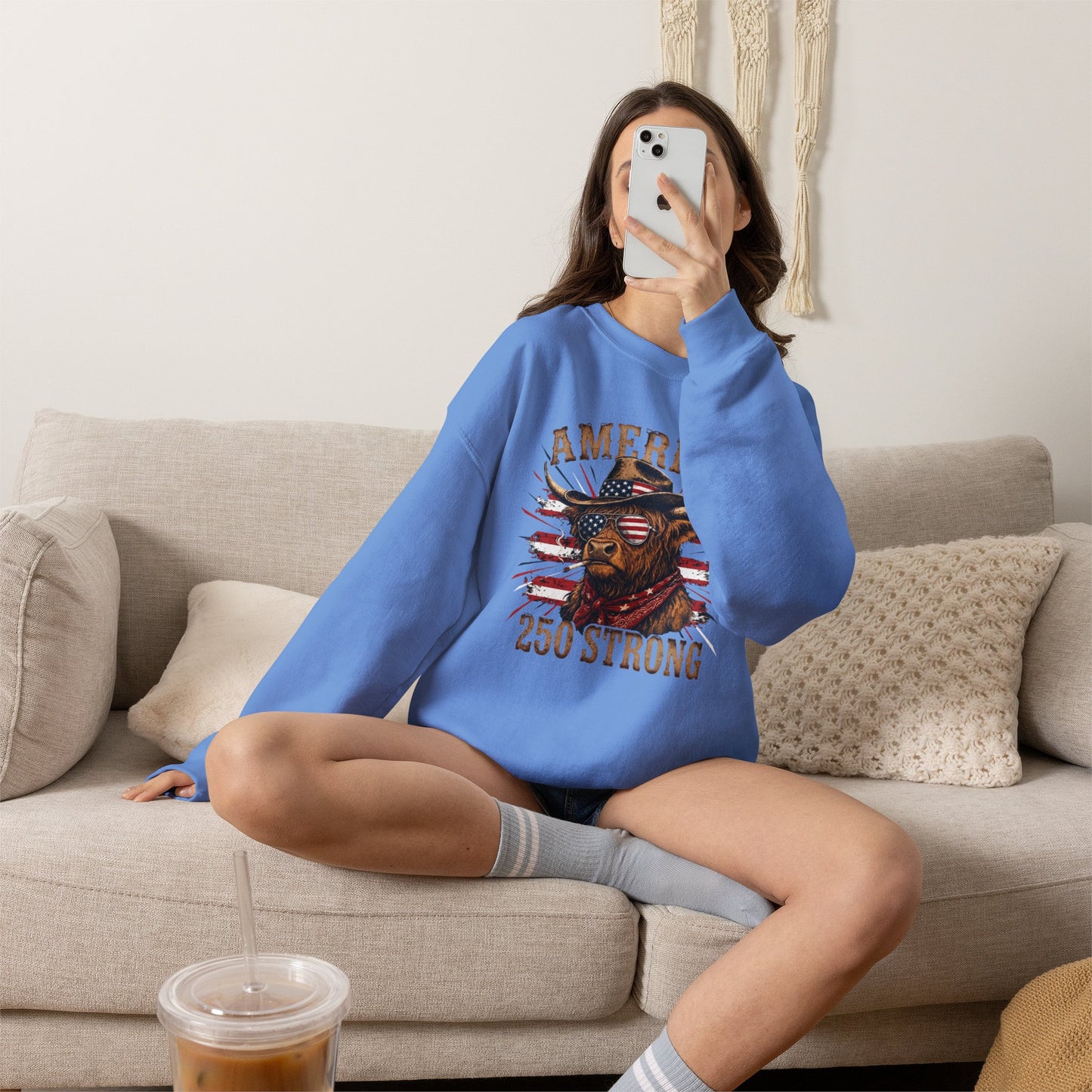 #250 America 250 Strong Patriotic Bull with American Flag Sweatshirt