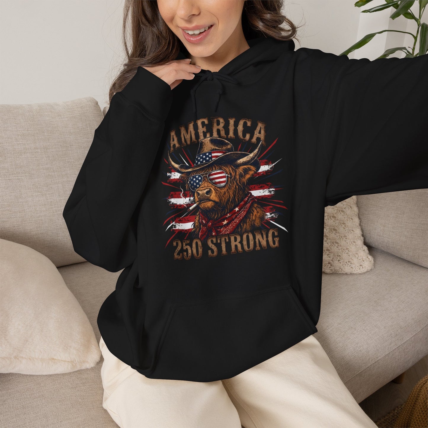 #250 America 250 Strong Patriotic Bull with American Flag Hoodie