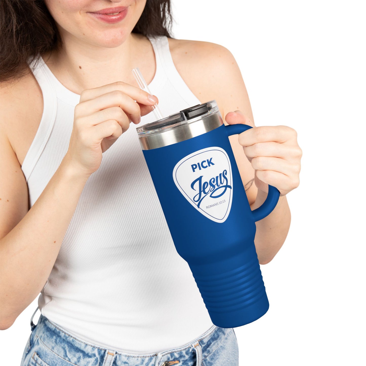 Pick Jesus Guitar Pick 40oz Christian Guitar Pick Design (Romans 10:13) Insulated Travel Mug