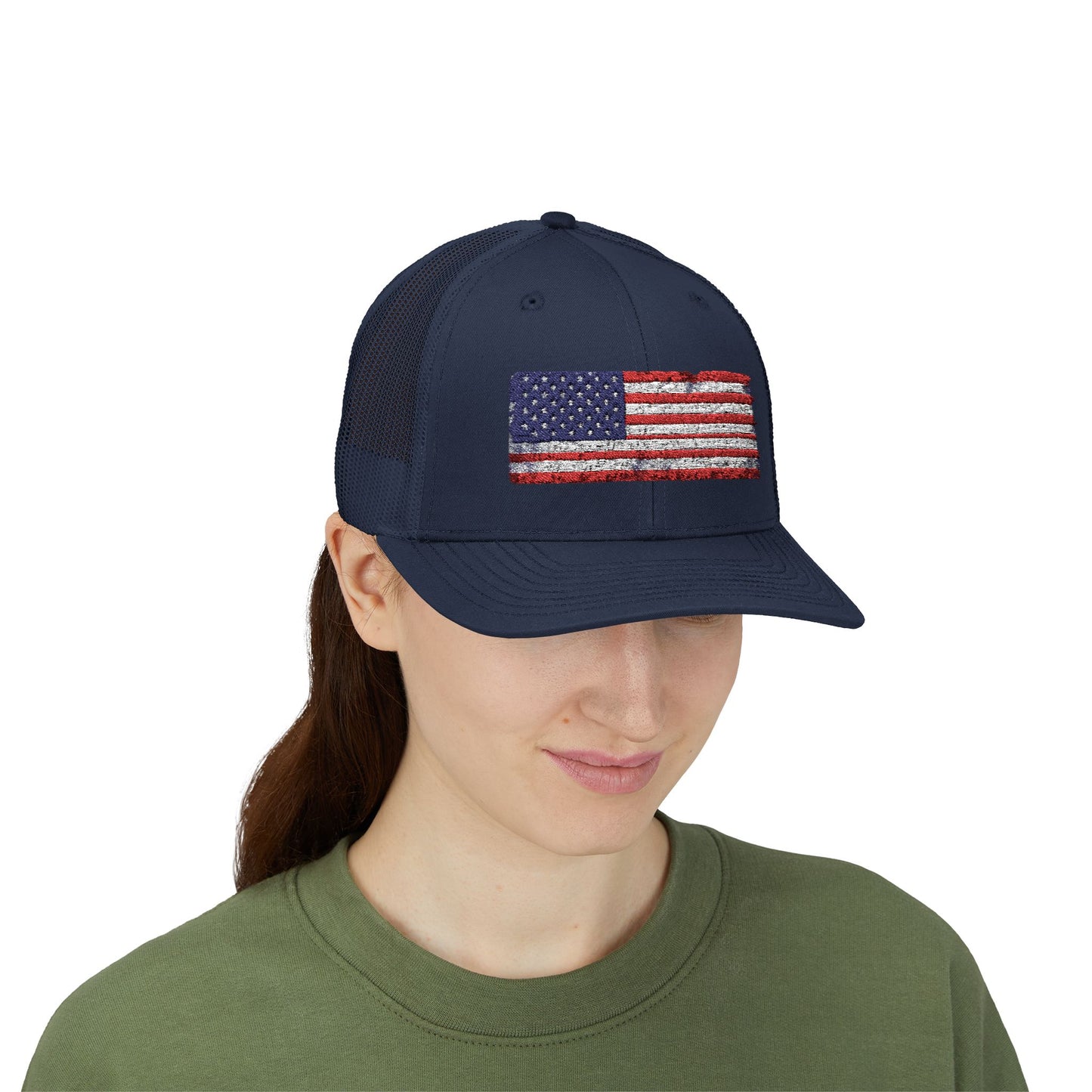#250 Distressed American Flag Snapback Trucker Cap