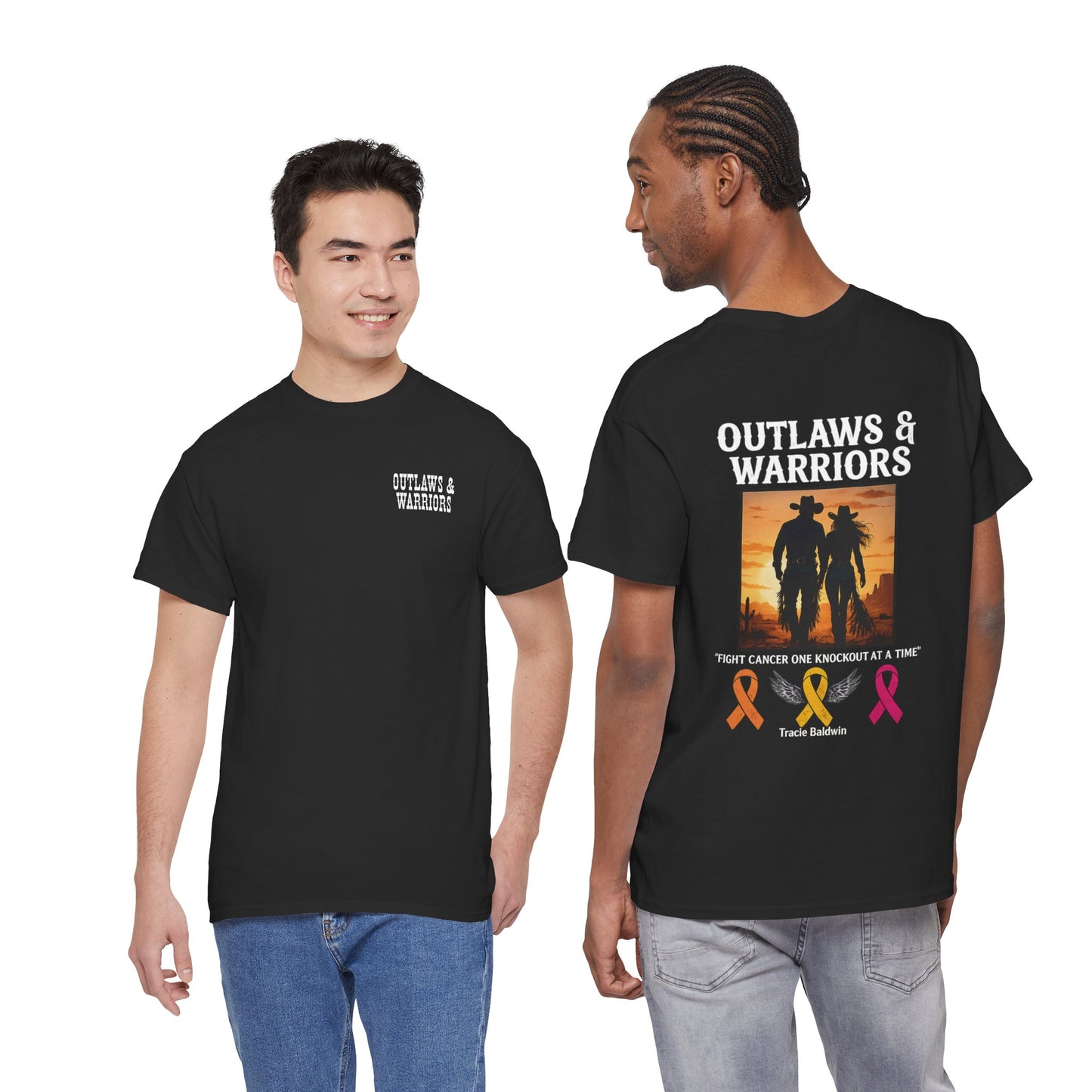 Outlaws & Warriors 100% Cotton T-Shirt — Minimal Chest Logo with Graphic On Back