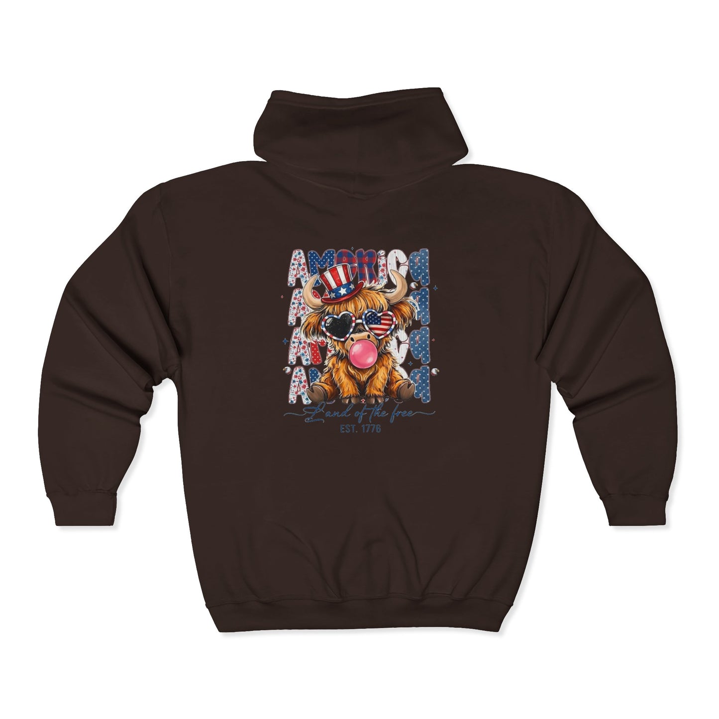#250 American Flag Bubblegum Patriotic Highland Cow Zip Hoodie