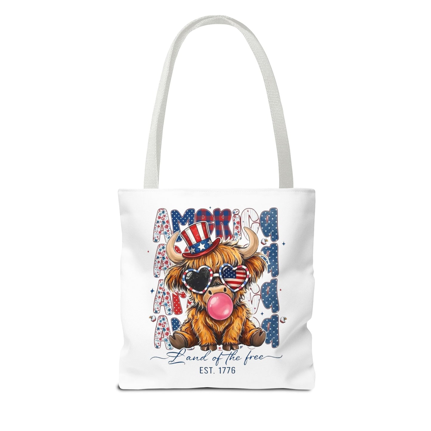 #250 American Flag Bubblegum Patriotic Highland Cow Tote Bag
