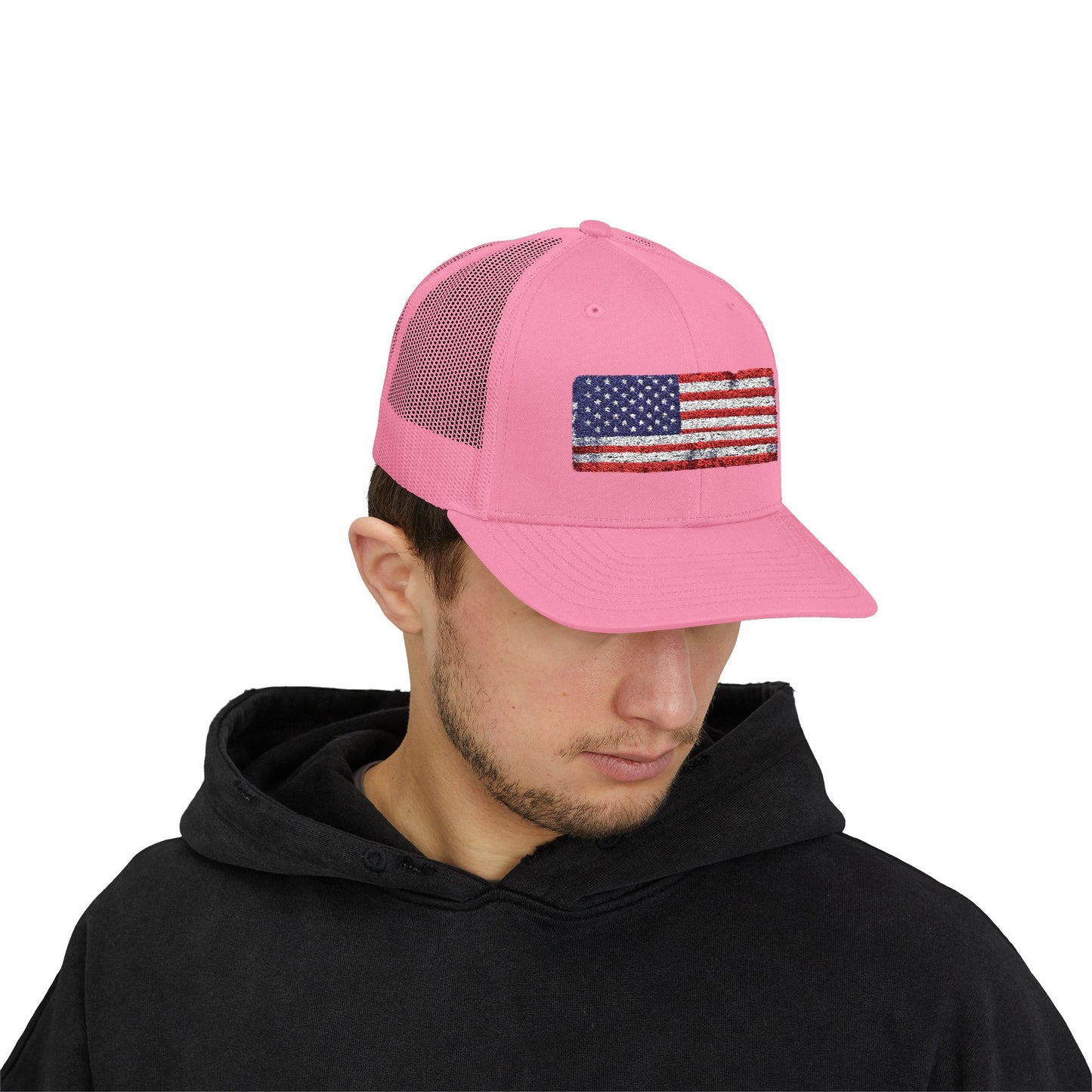 #250 Distressed American Flag Snapback Trucker Cap