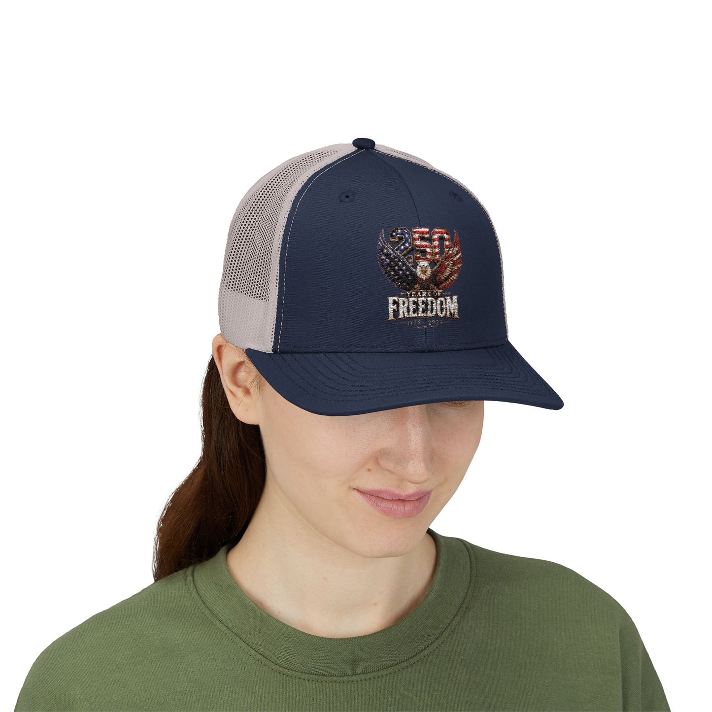 #250 250 Years of Freedom Eagle Patriotic American Flag Anniversary (1776–2026) Snapback Trucker Cap