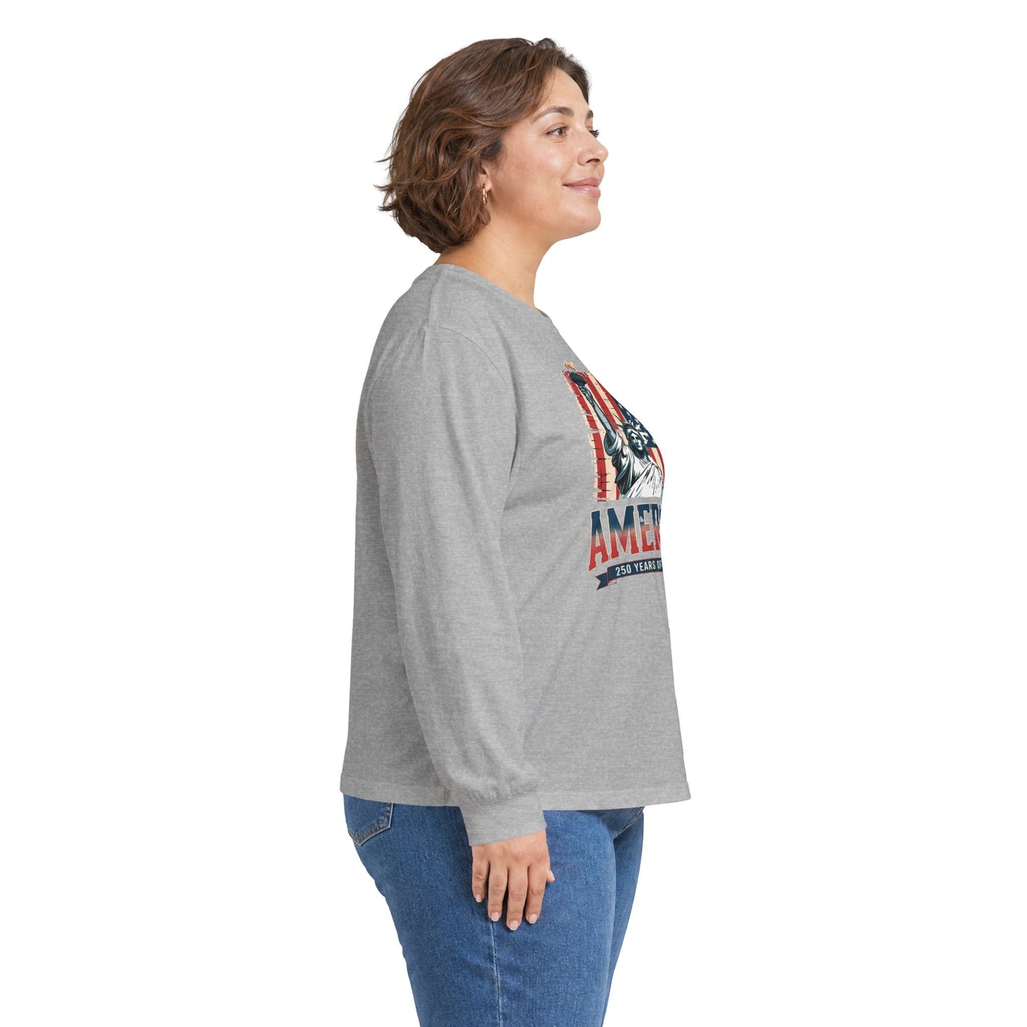 #250 Statue of Liberty American Flag 'America' Patriotic Independence Day Long Sleeve Tee