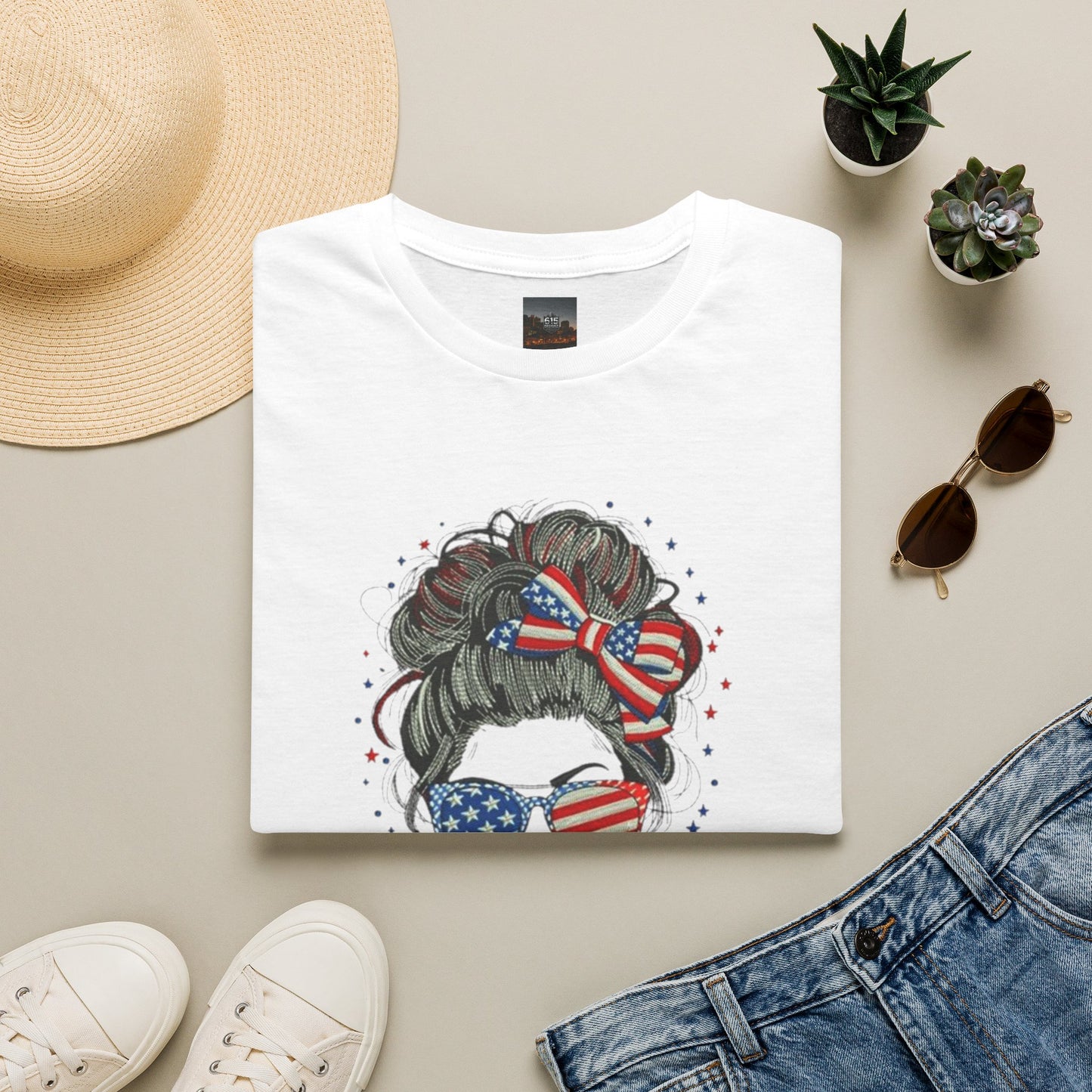 #250 "All American Girl" Patriotic Messy Bun T-Shirt