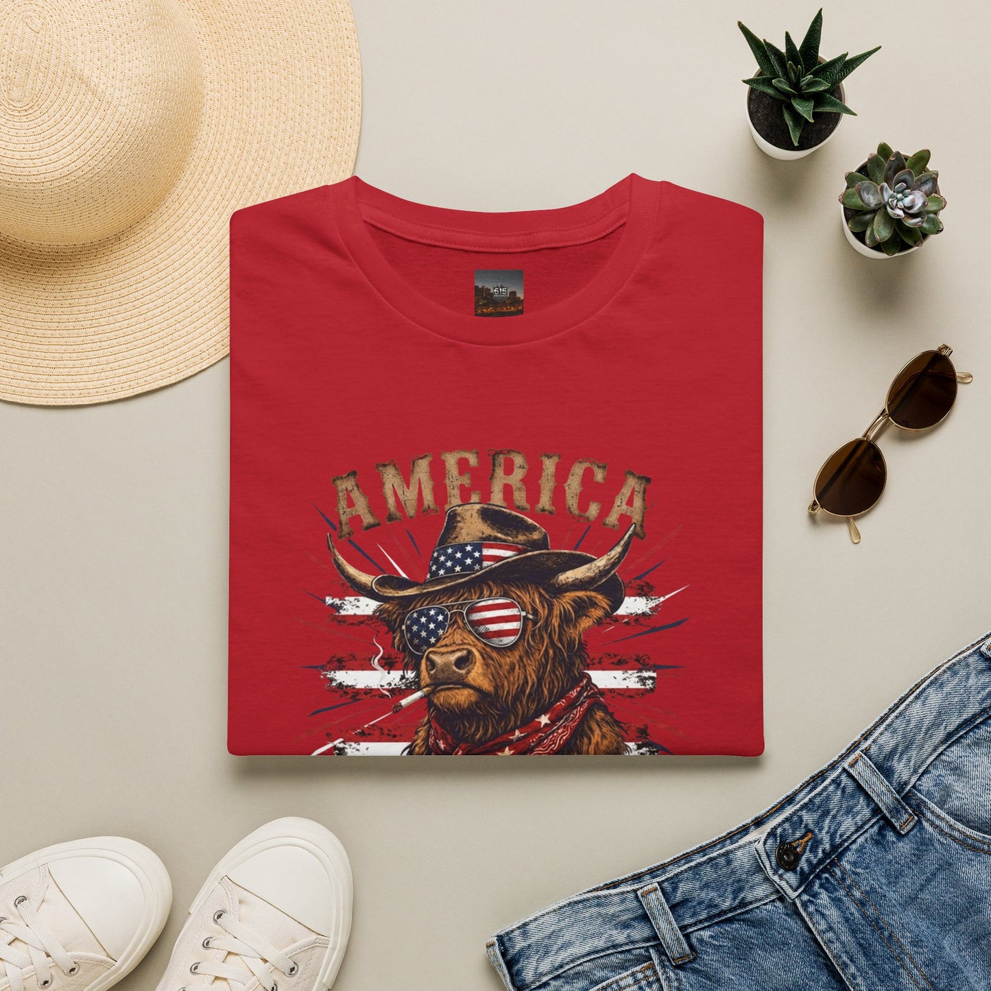 #250 America 250 Strong Patriotic Bull with American Flag T-Shirt