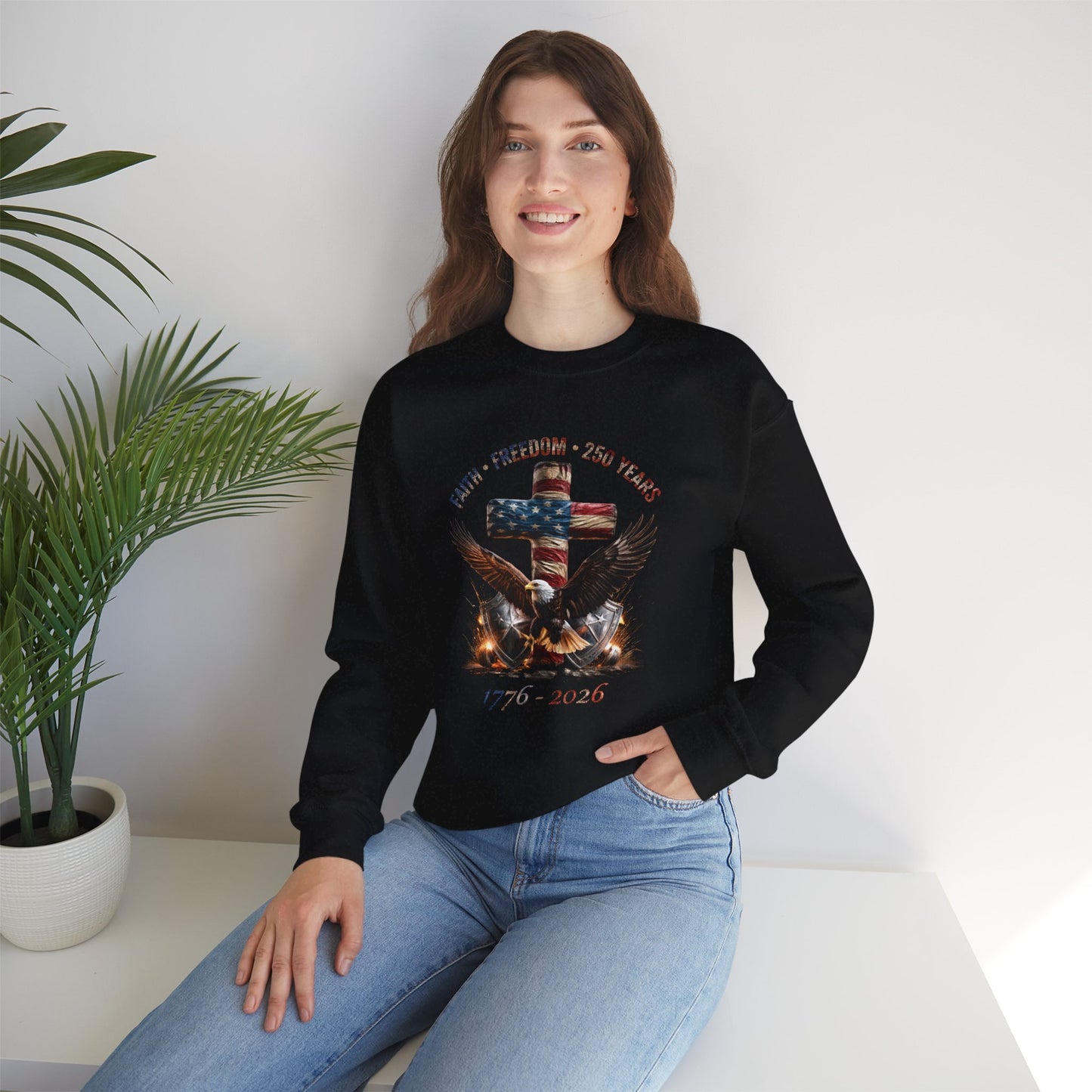 #250 Faith • Freedom 250 Years American Flag Cross & Eagle 1776-2026 Crewneck Sweatshirt
