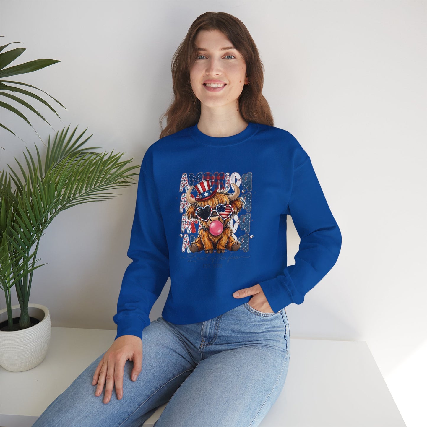 #250 American Flag Bubblegum Patriotic Highland Cow Sweatshirt