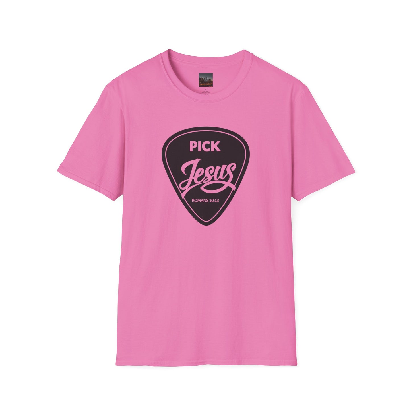 Pick Jesus T-Shirt — Christian Guitar Pick Design (Romans 10:13)