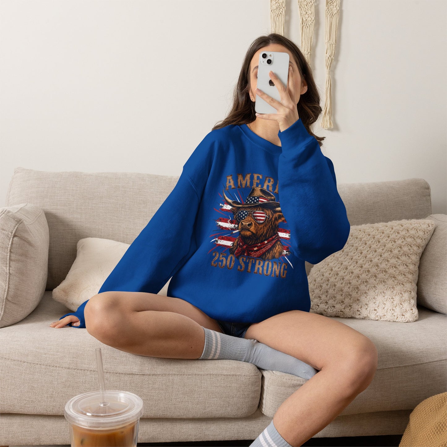 #250 America 250 Strong Patriotic Bull with American Flag Sweatshirt