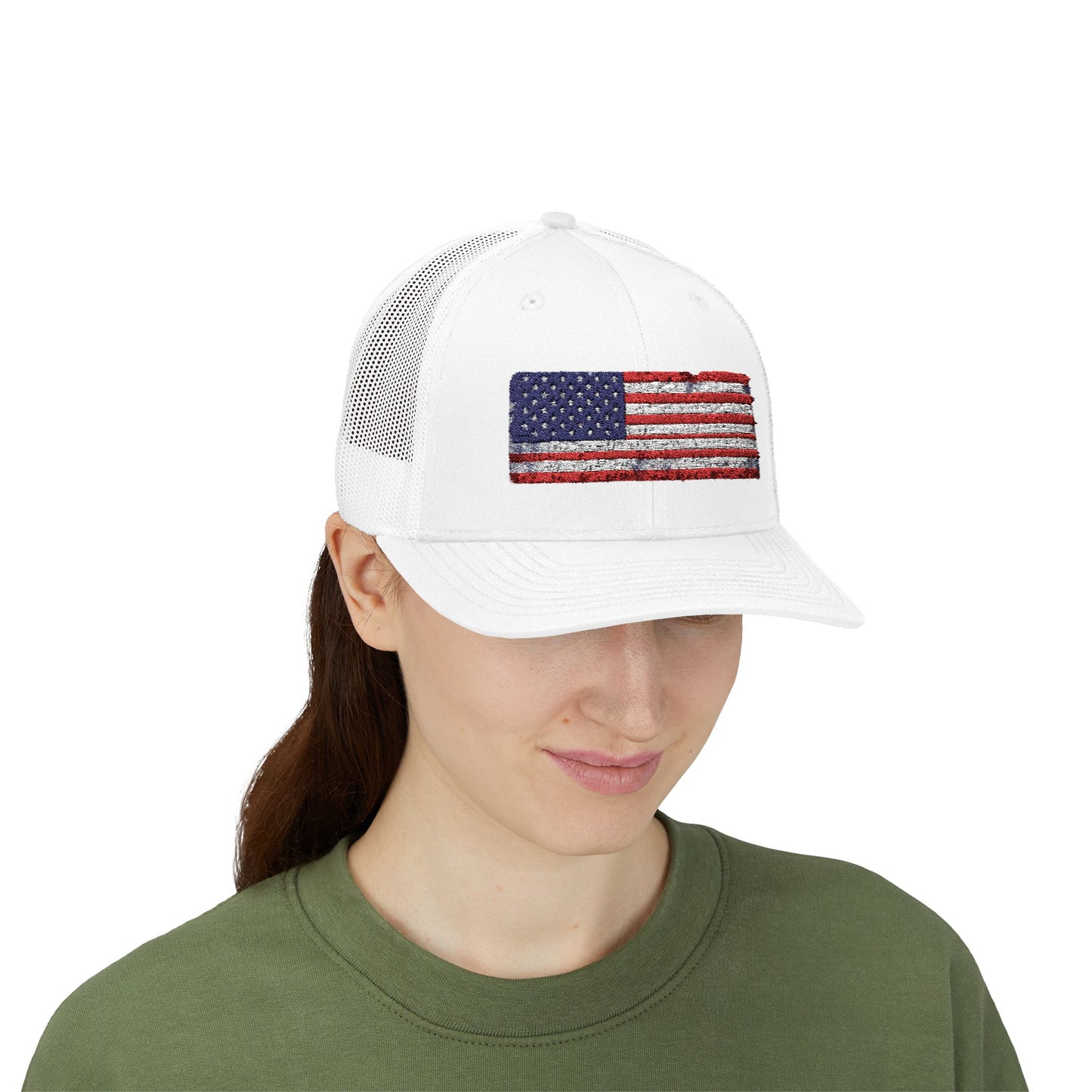 #250 Distressed American Flag Snapback Trucker Cap