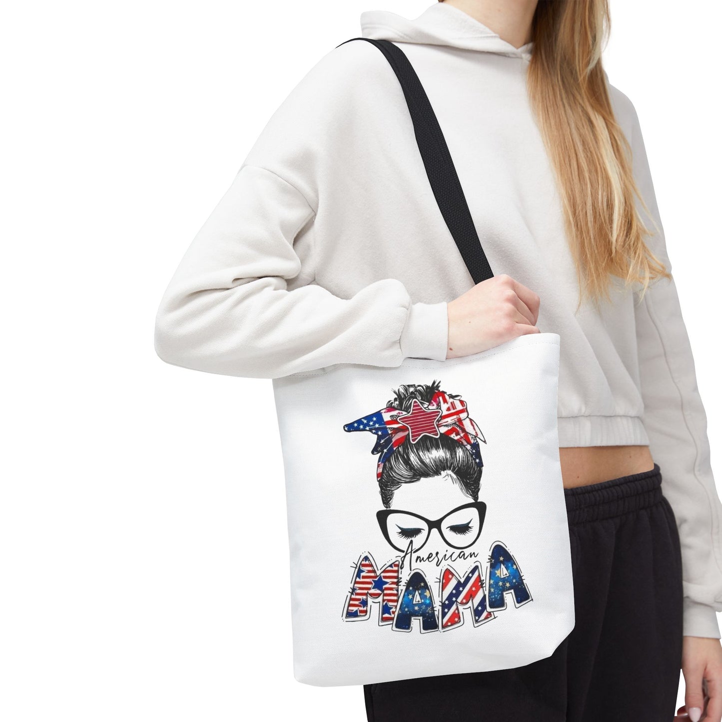 #250 Mama USA Flag Messy Bun Tote Bag