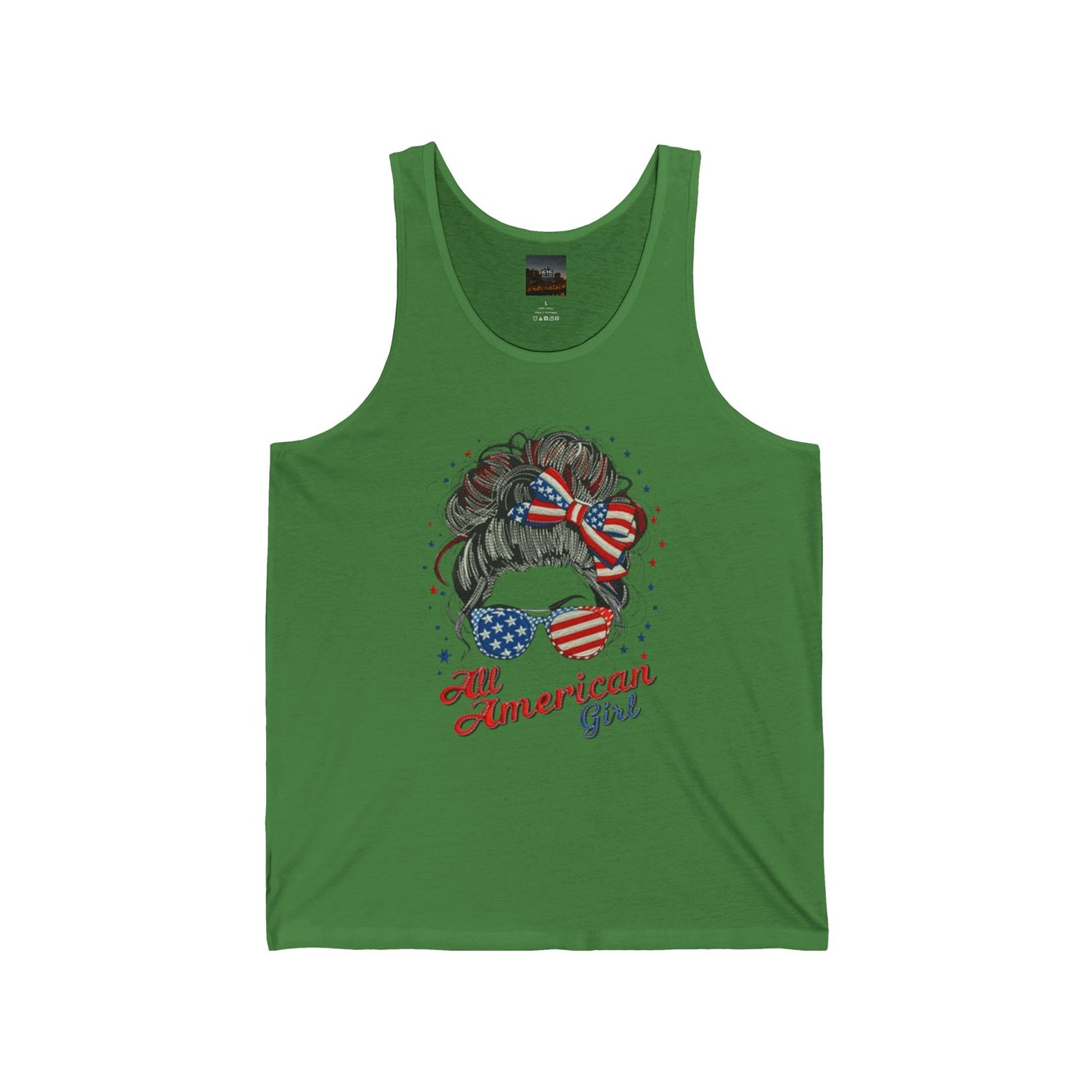 #250 "All American Girl" Patriotic Messy Bun Tank Top