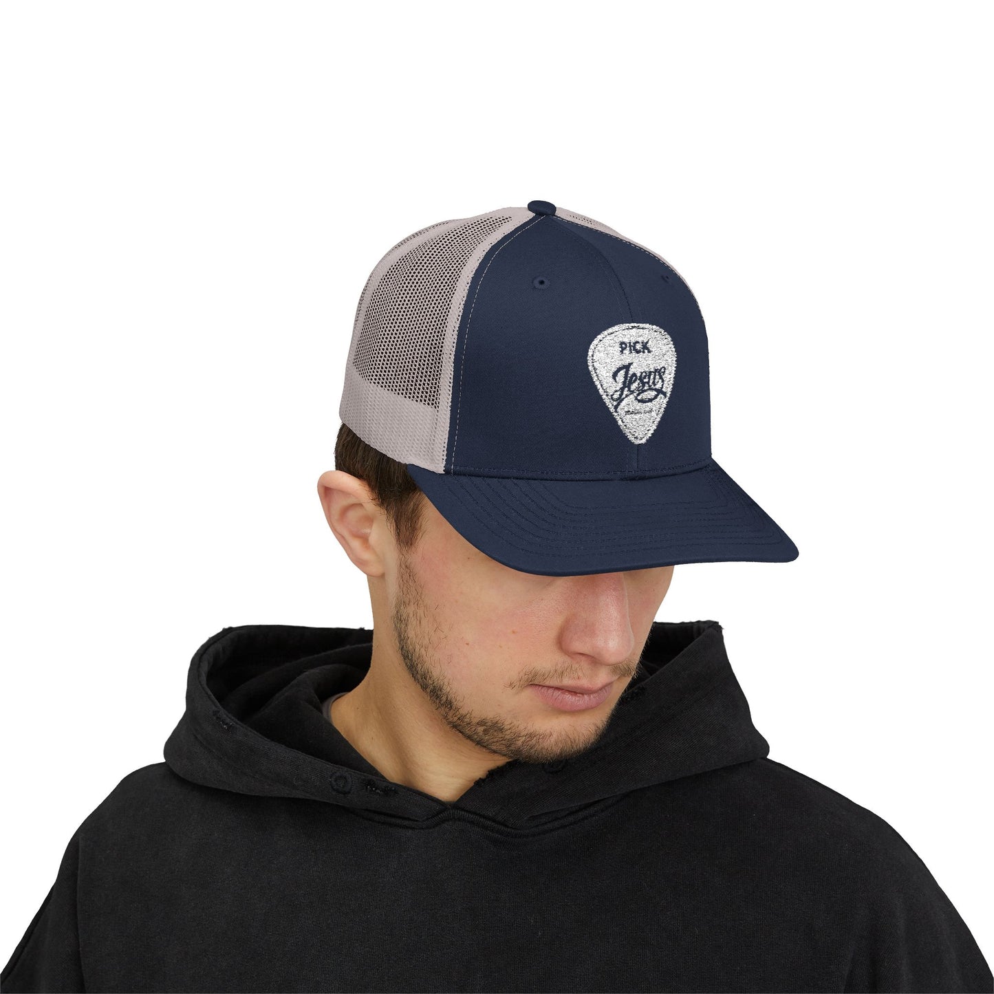 Pick Jesus Guitar Pick Snapback Trucker Cap Christian Guitar Pick Design (Romans 10:13)