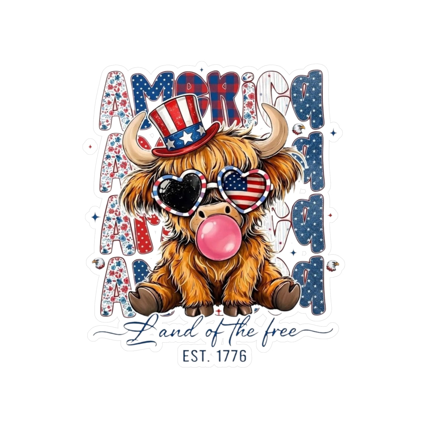 #250 American Flag Bubblegum Patriotic Highland Cow Vinyl Sticker Kiss-Cut Decal (Fourth of July)