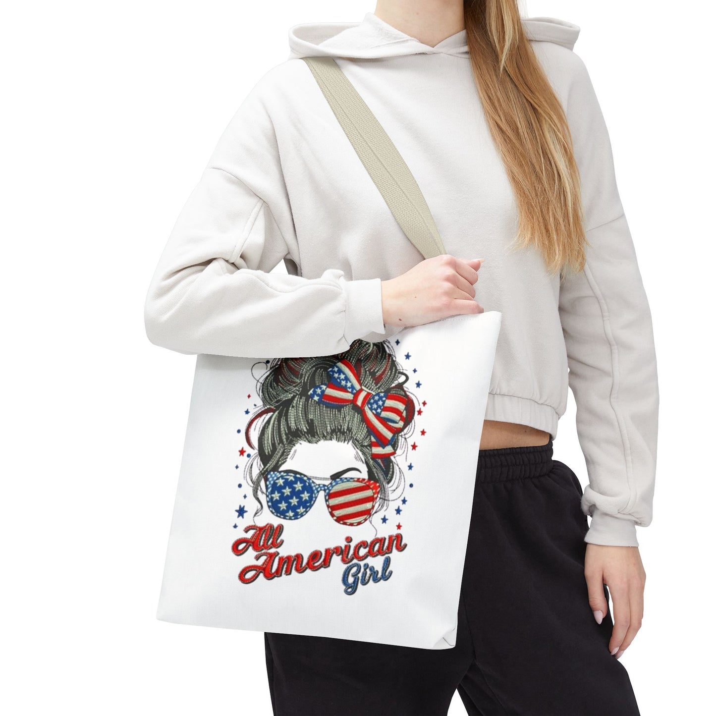 #250 "All American Girl" Patriotic Messy Bun Tote Bag