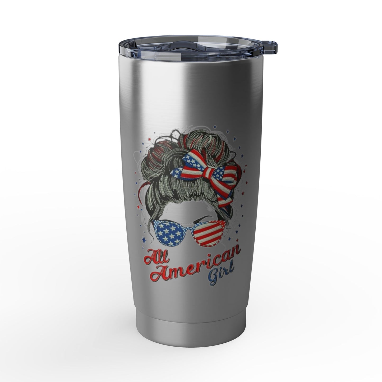 #250 "All American Girl" Patriotic Messy Bun 20oz Stainless Travel Tumbler 'Vagabond'