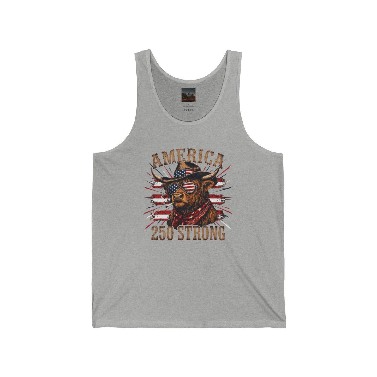 #250 America 250 Strong Patriotic Bull with American Flag Tank Top