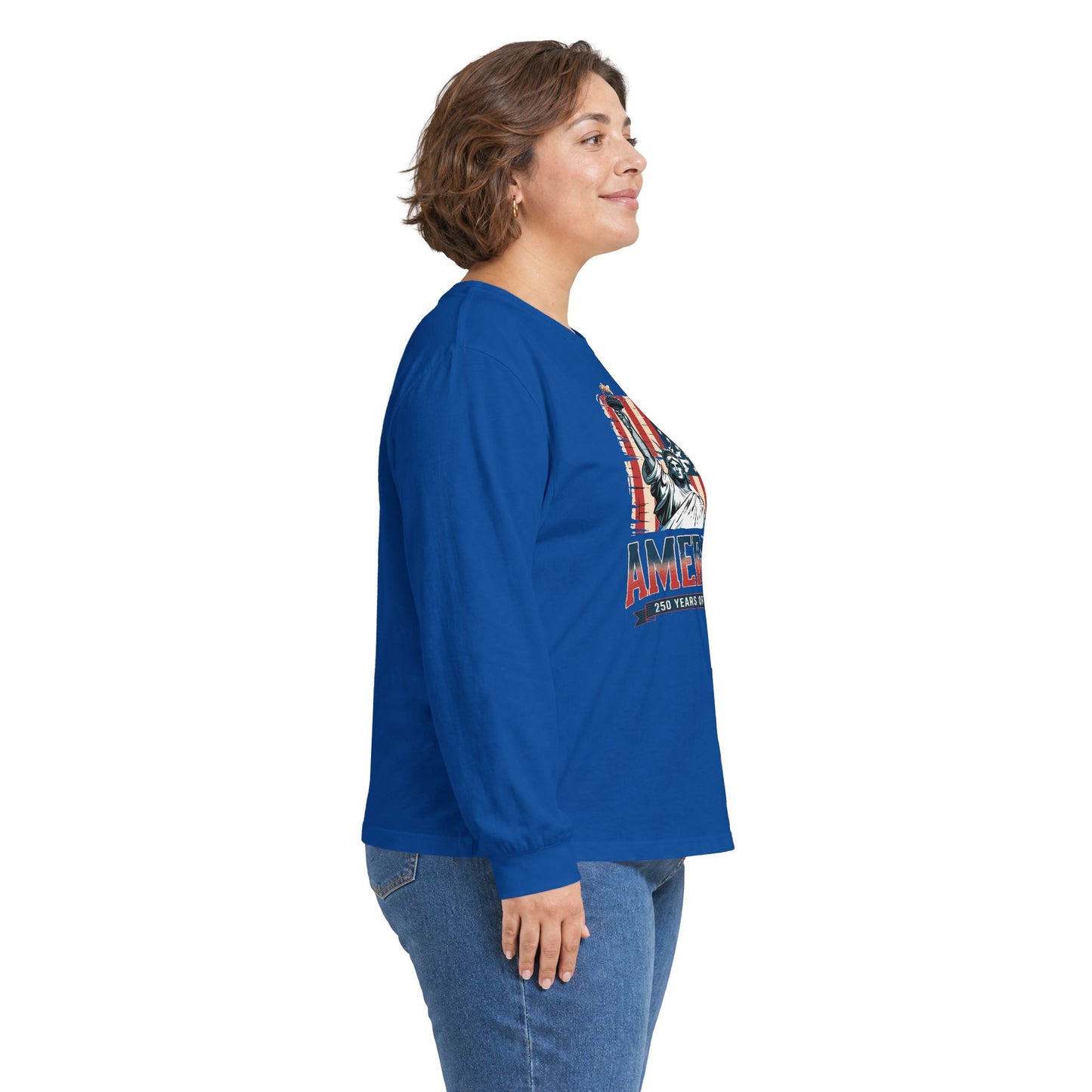 #250 Statue of Liberty American Flag 'America' Patriotic Independence Day Long Sleeve Tee