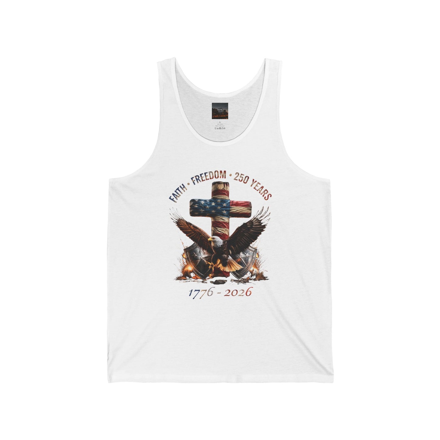 #250 Faith • Freedom 250 Years American Flag Cross & Eagle 1776-2026 Jersey Tank Top