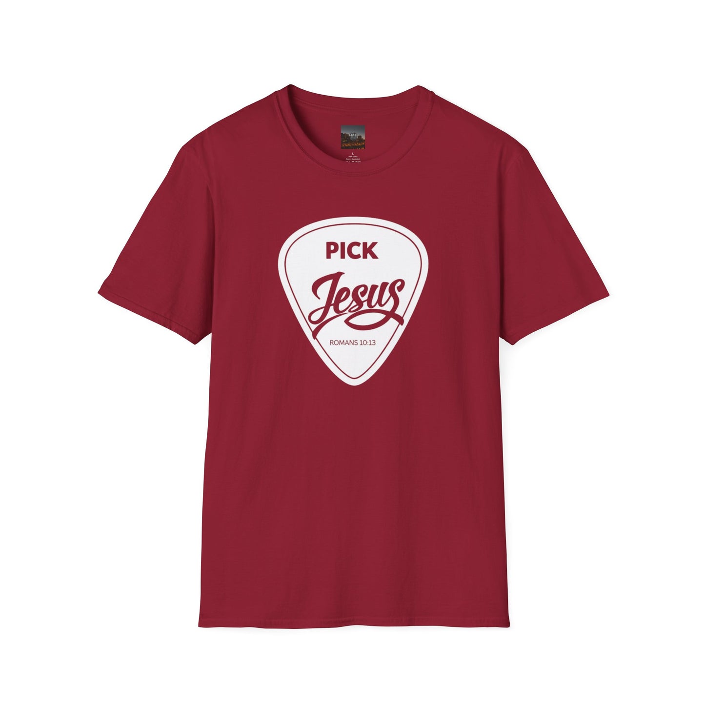 Pick Jesus T-Shirt — Christian Guitar Pick Design (Romans 10:13)